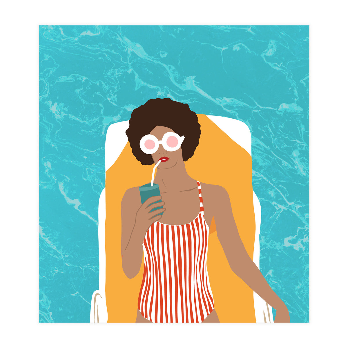 Chilling In The Moment, Eclectic Bohemian Black Woman Of Color, Swimming Pool Afro Fashion Vacation Enjoy Summer (Print Only)