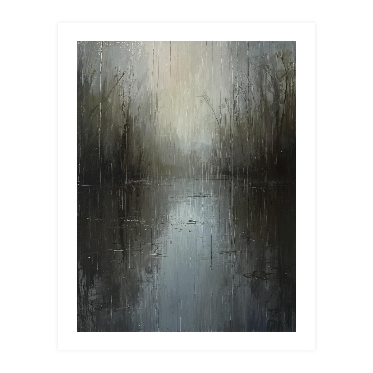 Ethereal Rainy Lake Forest Oil Painting (Print Only)