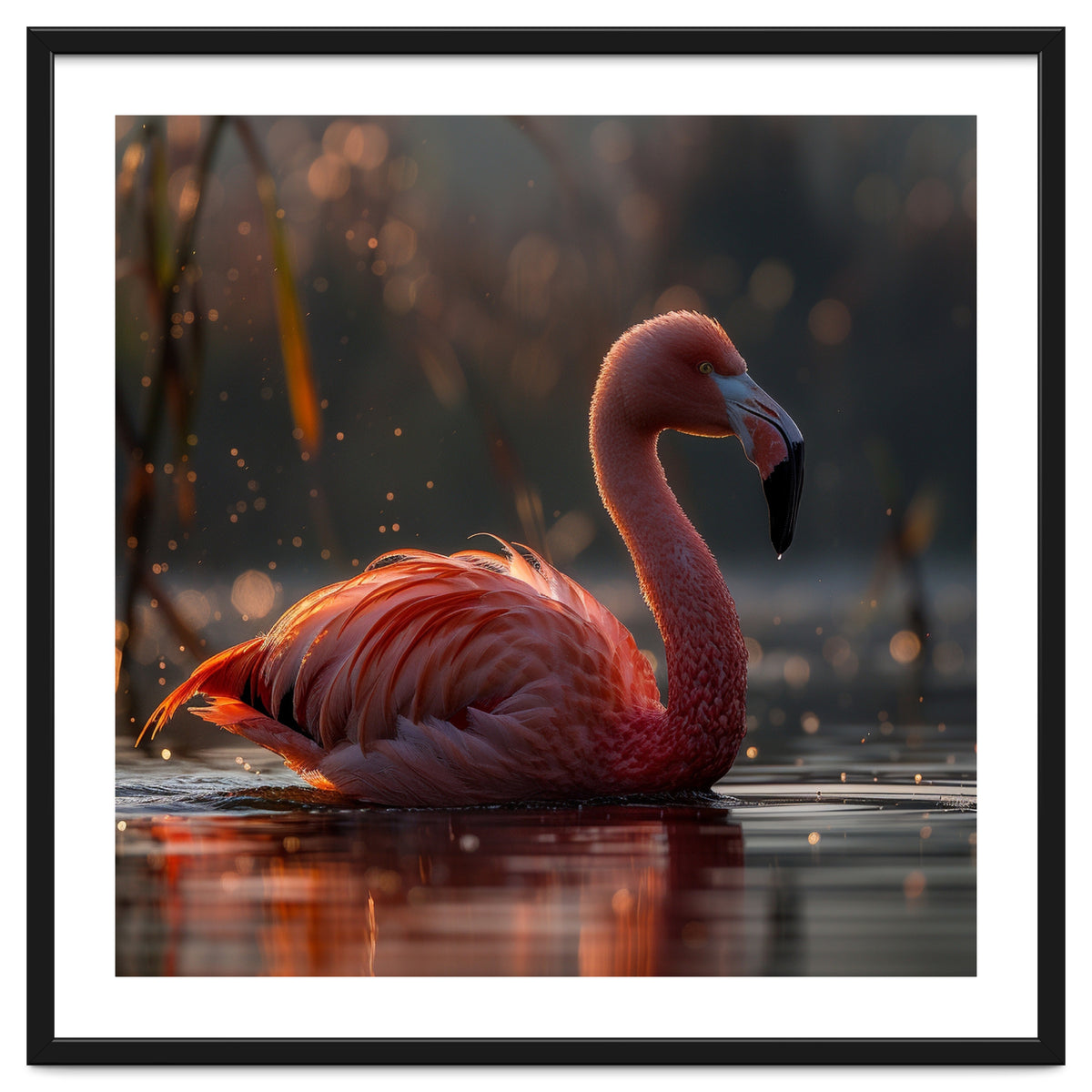 Pink Flamingo Swimming In Sunlight Water