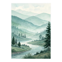 Serene Misty Mountain Valley Watercolor Painting (Print Only)