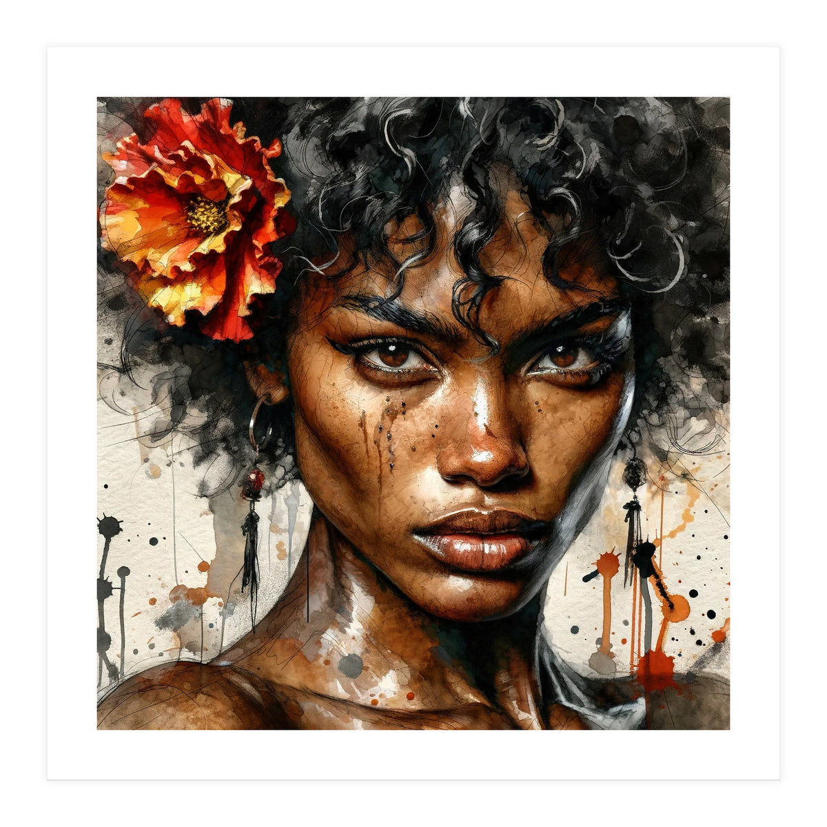 Watercolor Afro American Flamenco Dancer #1 (Print Only)