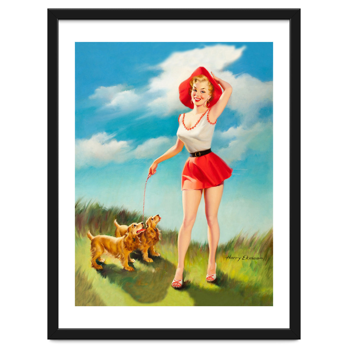 Pinup Girl In Little Red Dress And Two Dogs