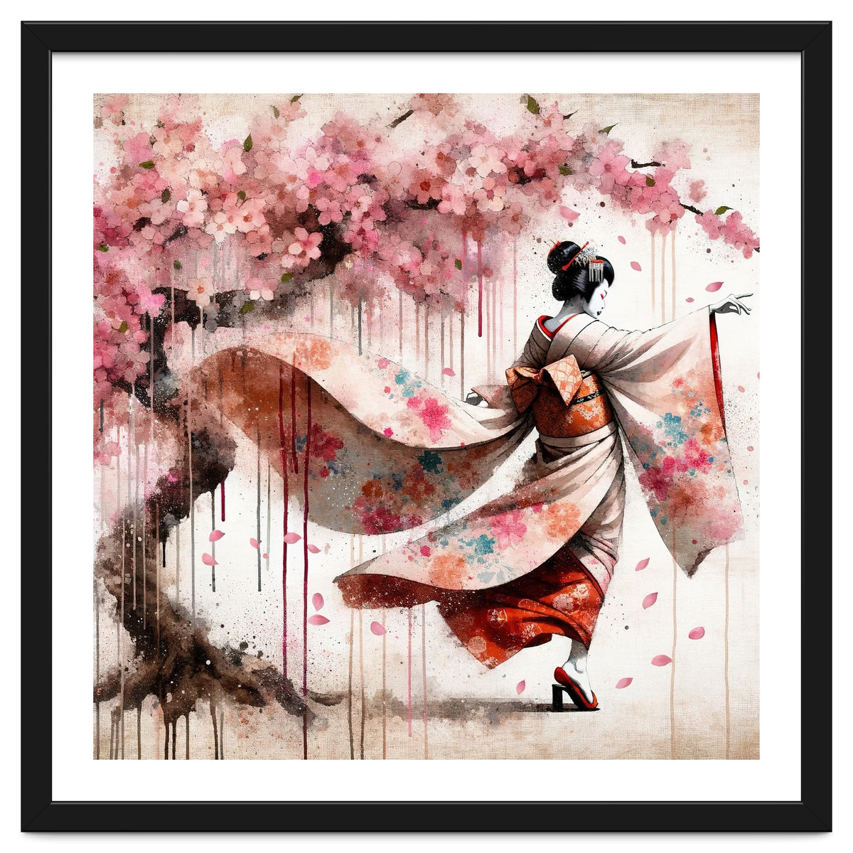 Geisha Under Cherry Blossoms In Motion