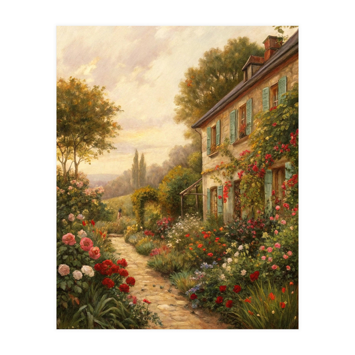 Idyllic Sunlit Cottage Garden Oil Painting (Print Only)