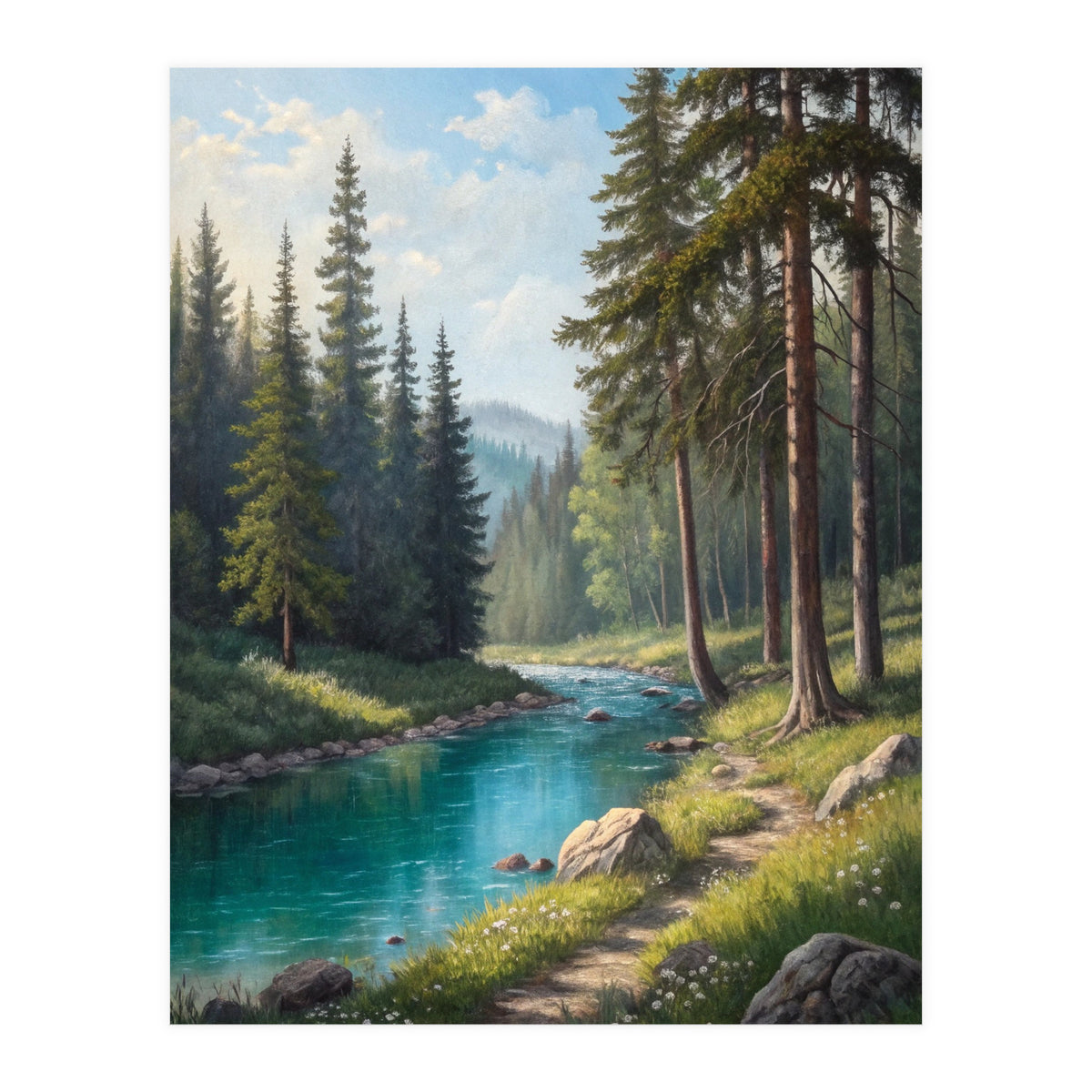 Serene Alpine Forest River Landscape (Print Only)