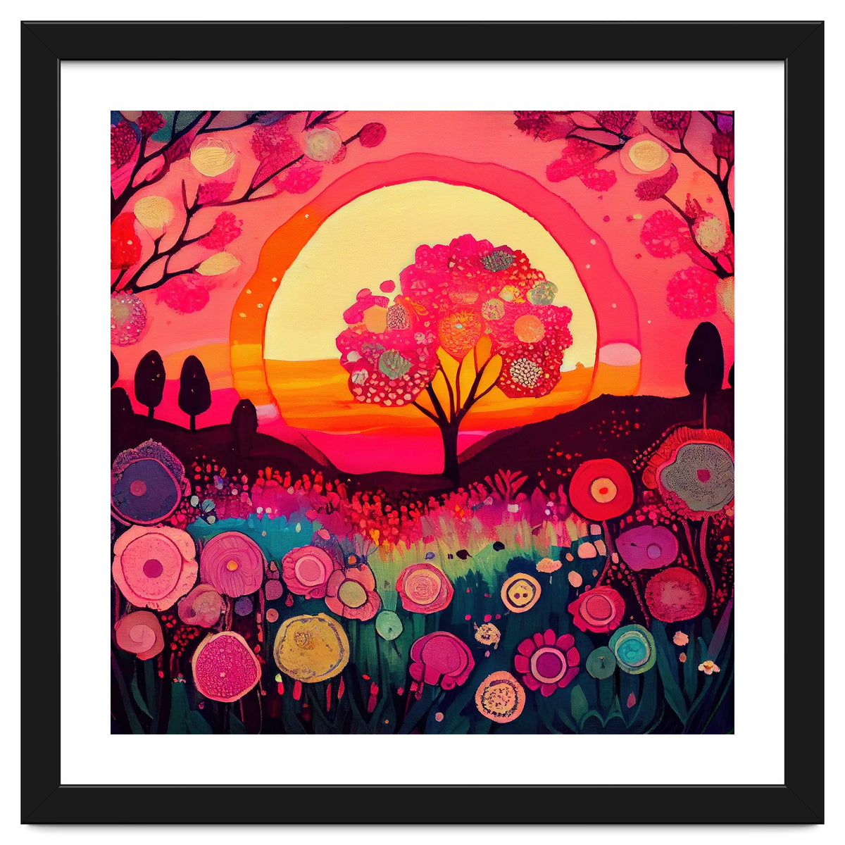 Folk Sunset Blossoming Tree