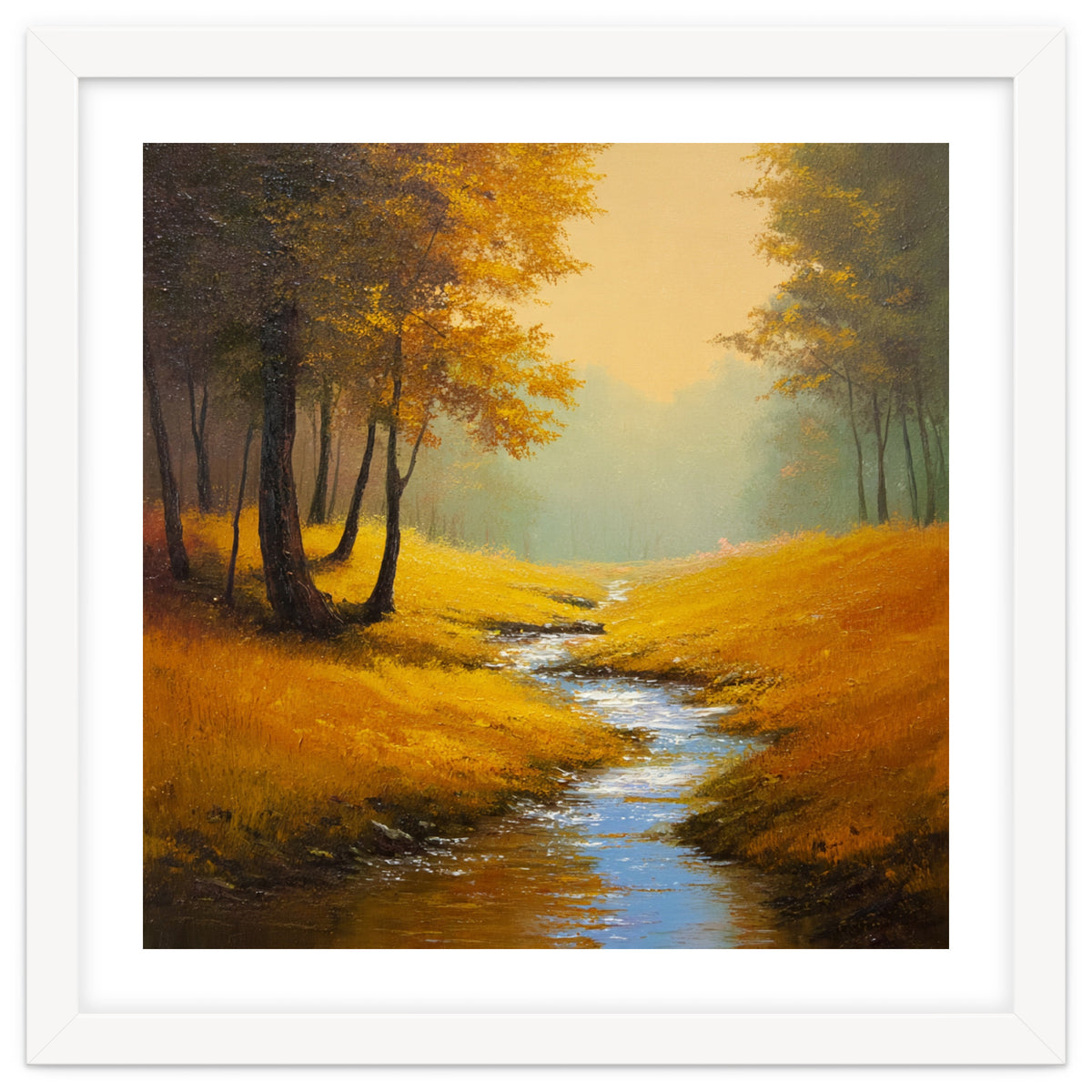 Golden Autumn Forest Path with Winding Creek