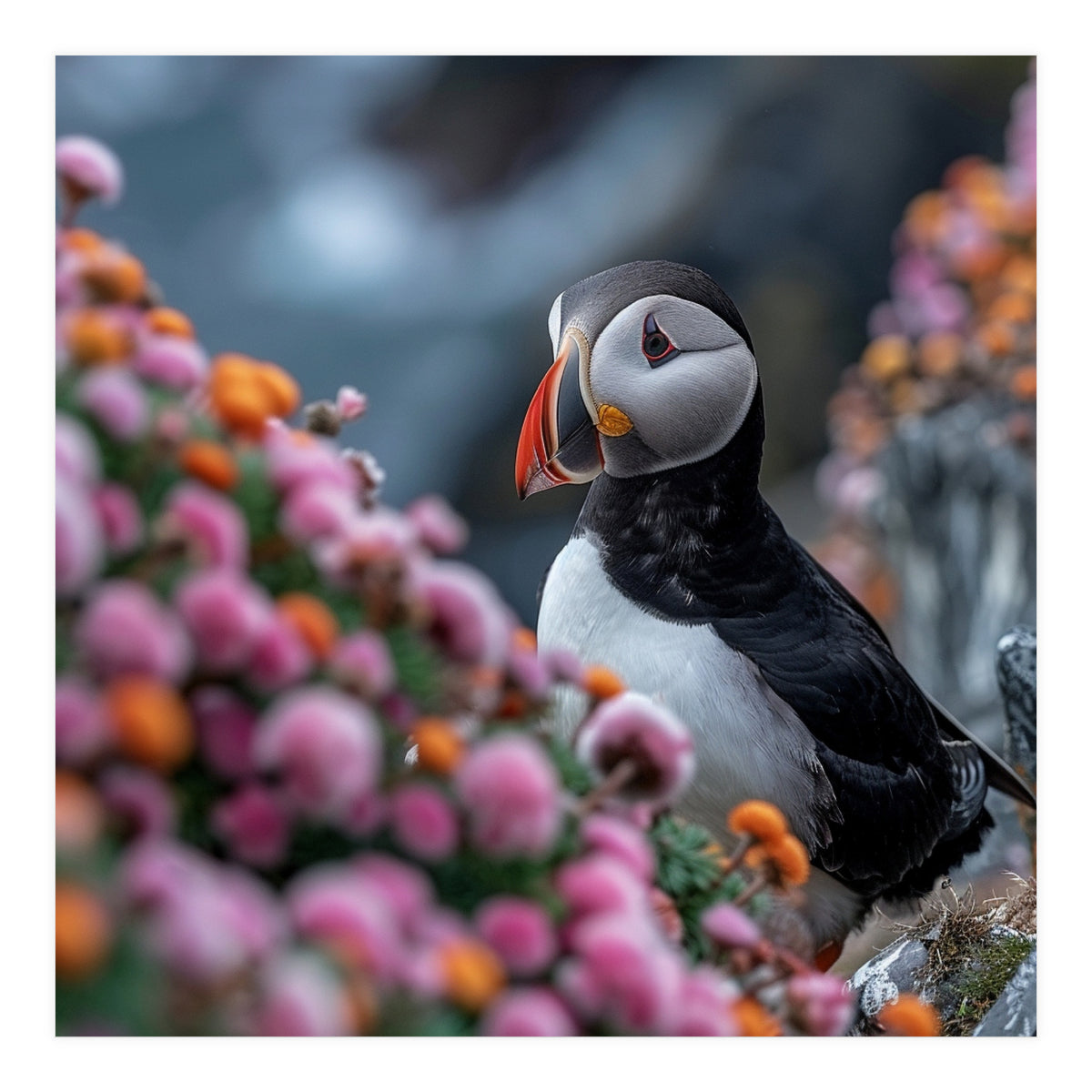 Puffin Bird Among Colorful Wildflowers In Bloom (Print Only)