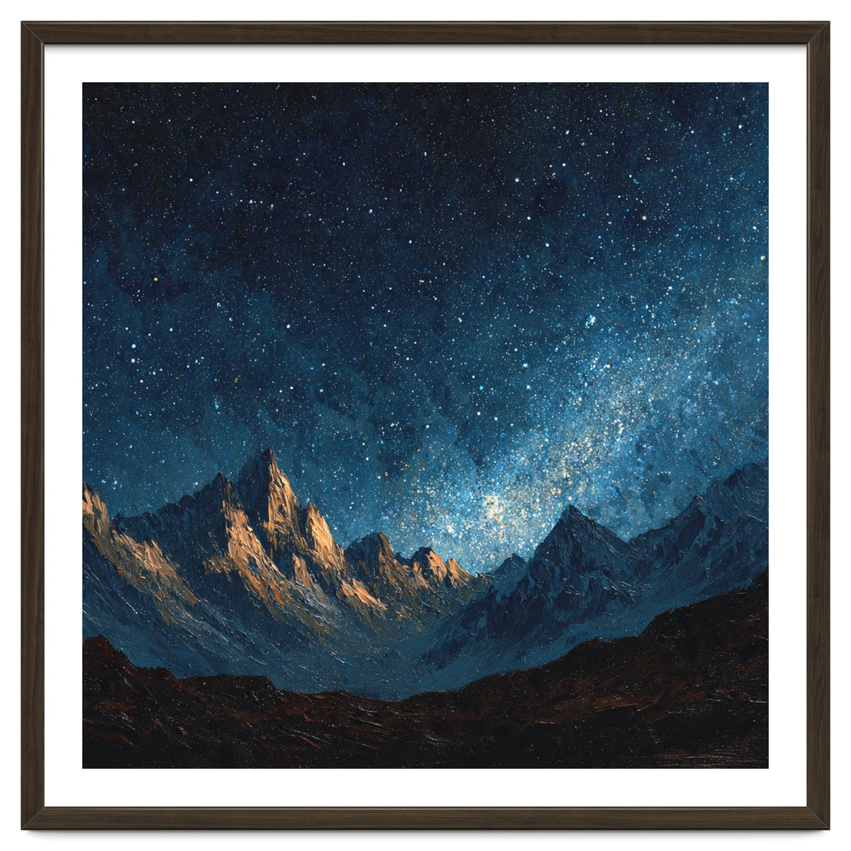 Starry Night Over Majestic Mountains Impasto Oil Painting Style