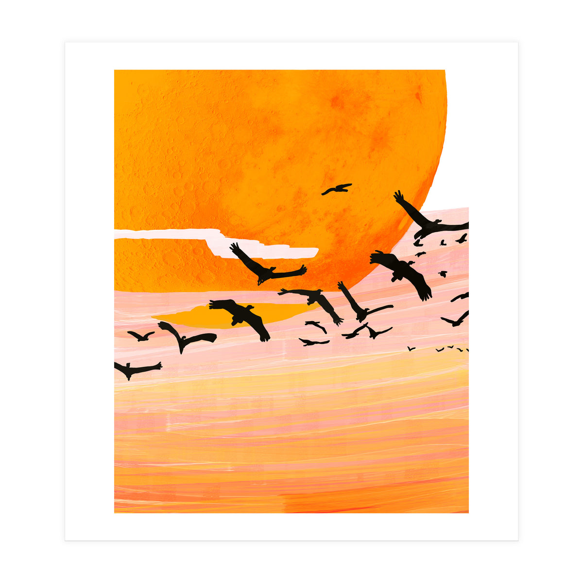 Time Flies, Birds Wildlife Fly Freedom Nature, Sun Sunset Sunrise Positivity Hope Painting, Growth Migrate Gift Animals Blush Sky Bohemian (Print Only)