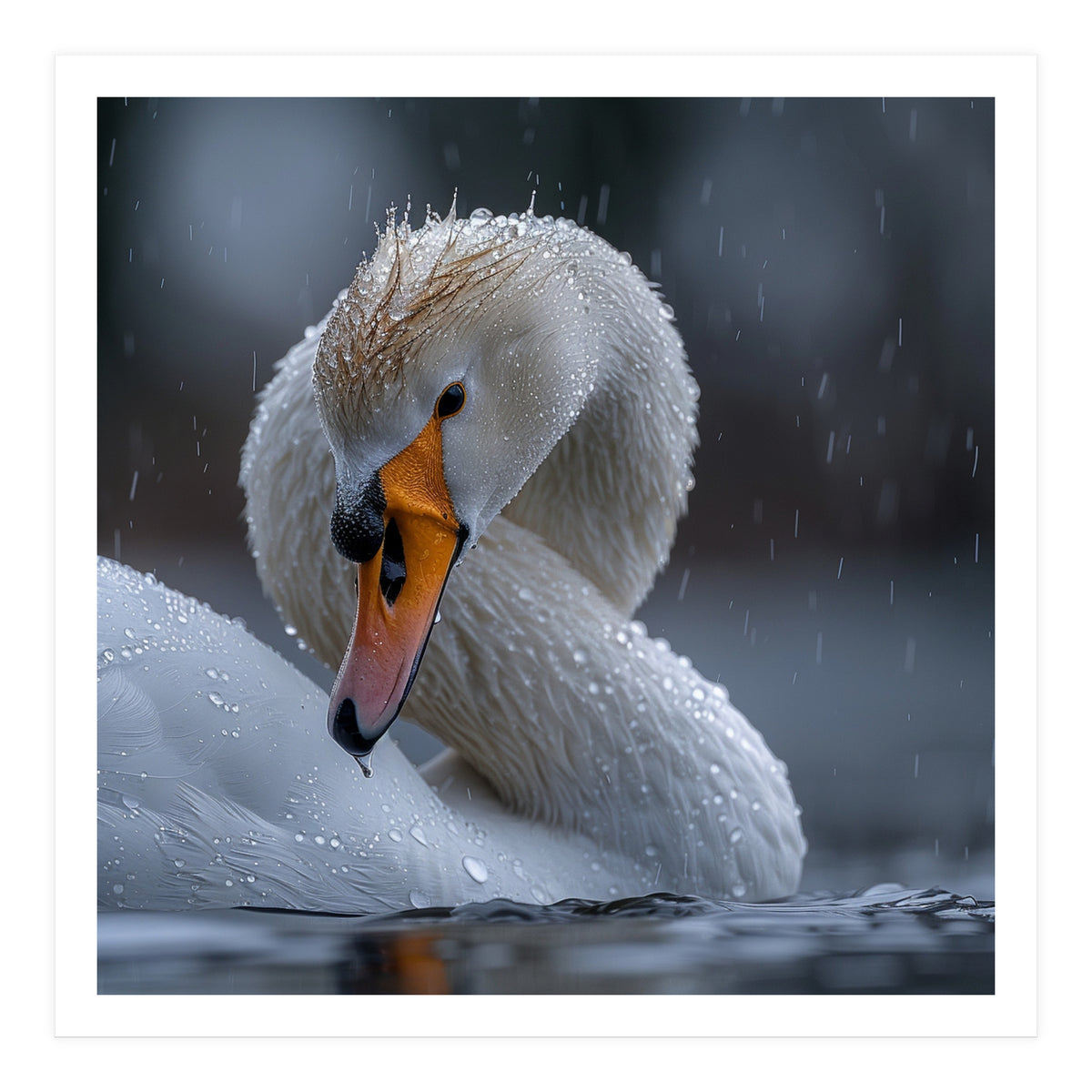 White Swan Bird With Water Droplets In Rain (Print Only)