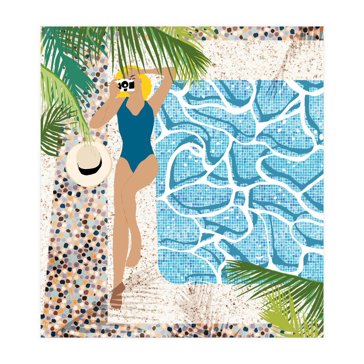 Click, Summer Travel Poolside Swim, Moroccan Tiles Staycation Vacation Holiday, Bohemian Woman Swimsuit Fashion Pose (Print Only)