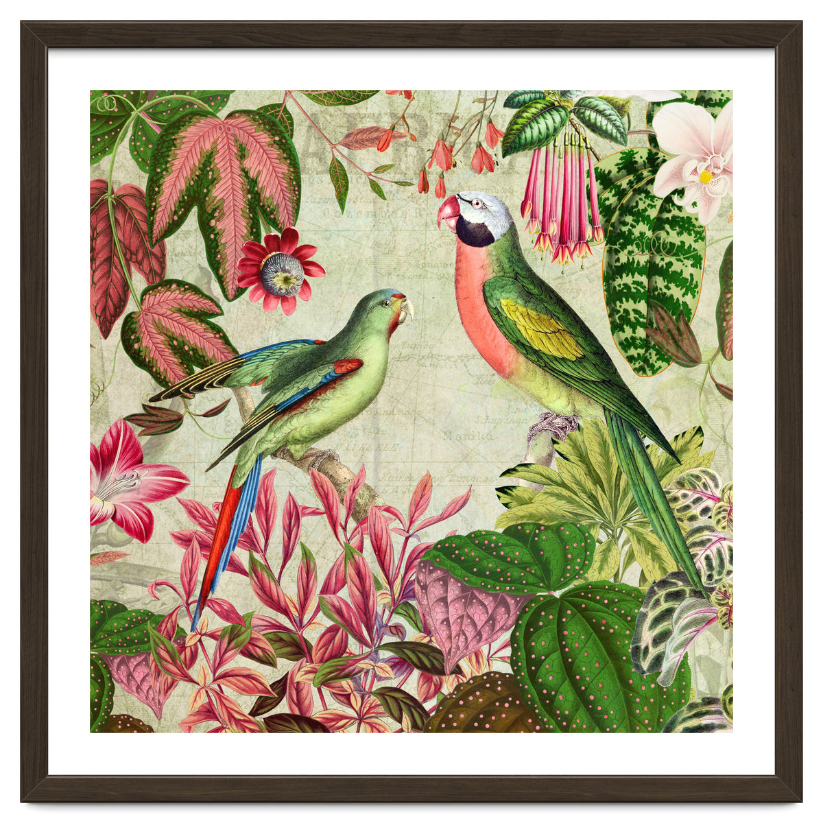 Exotic Lush Rainforest With Colorful Parrots And Flowers