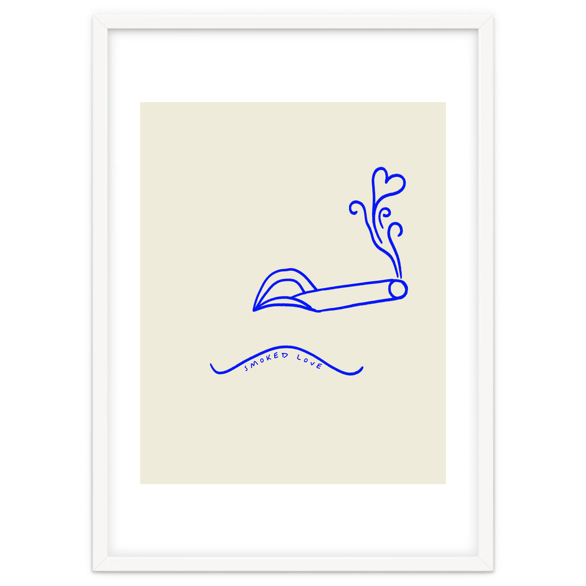 Smoked Love, Line Art Drawing Sketch, Minimalism Doodle Woman Cigarette Cigar Smoke, Eclectic Bohemian Framed