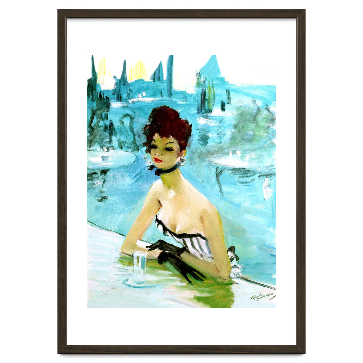 Pinup Girl In Cafe, Watercolor Painting