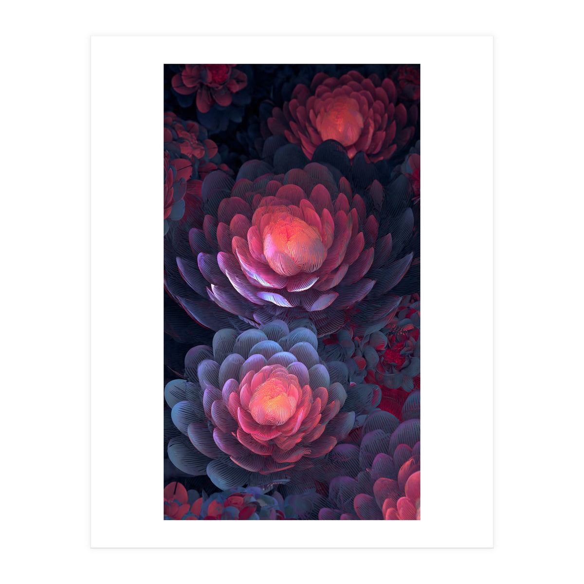 Ethereal Neon Blooms: Intricate 3D Floral Fractal Art (Print Only)