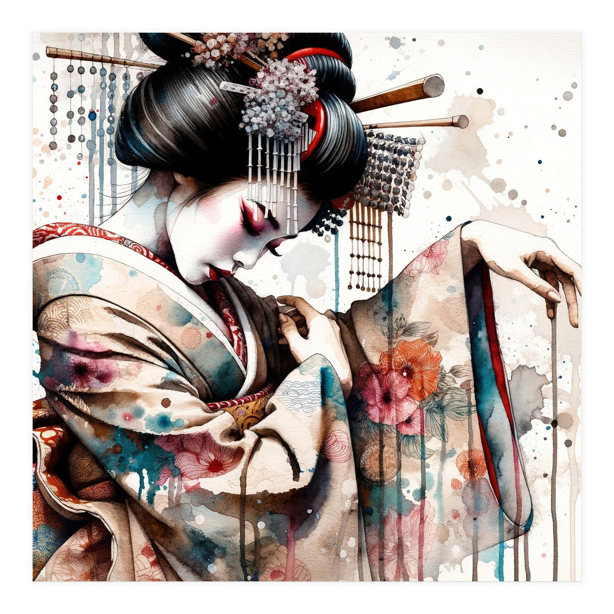 Watercolor Geisha Dancer #1 (Print Only)