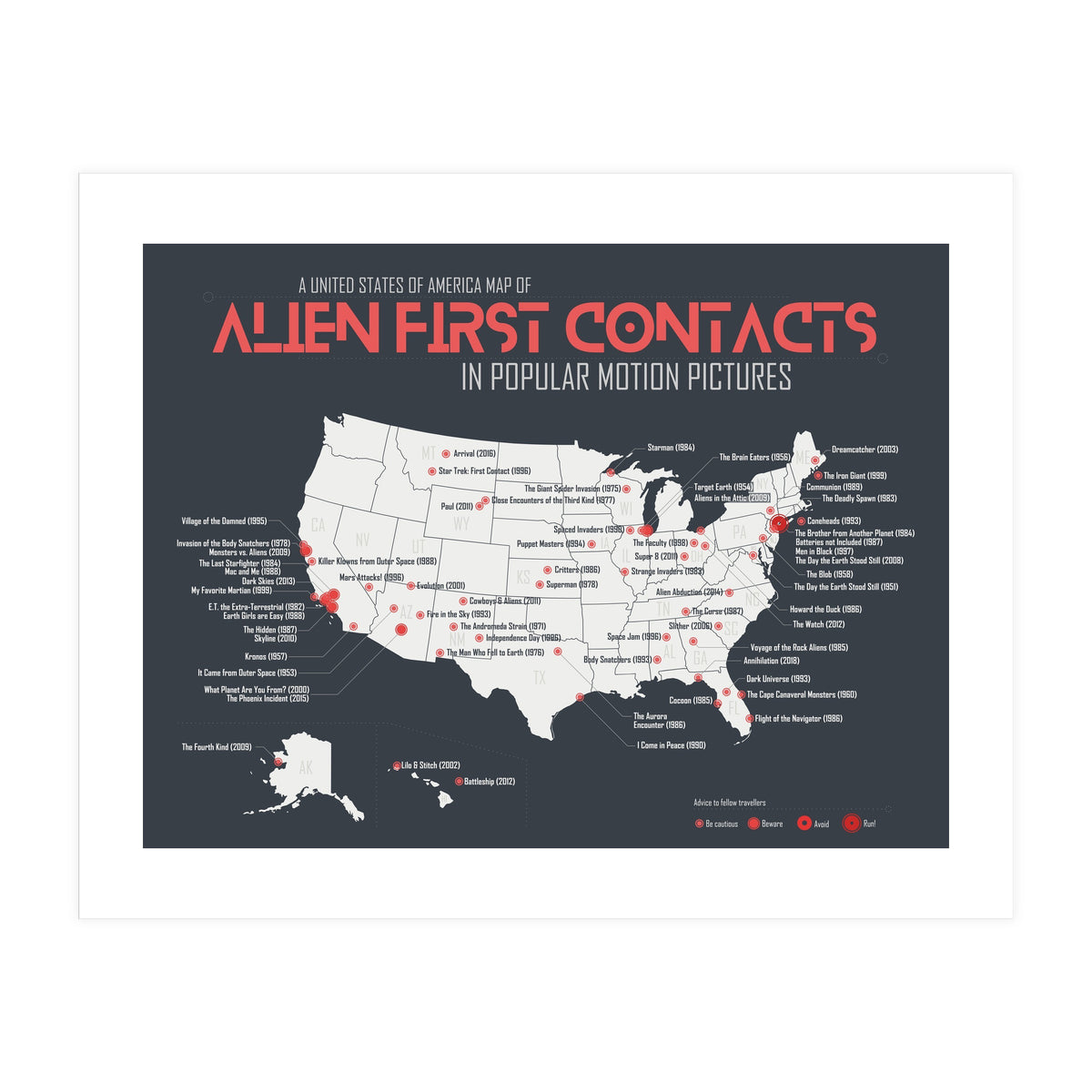 USA Map of Alien First Contacts in Movies (Print Only)