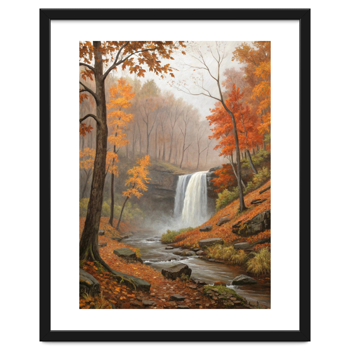 Serene Autumn Waterfall in Misty Forest