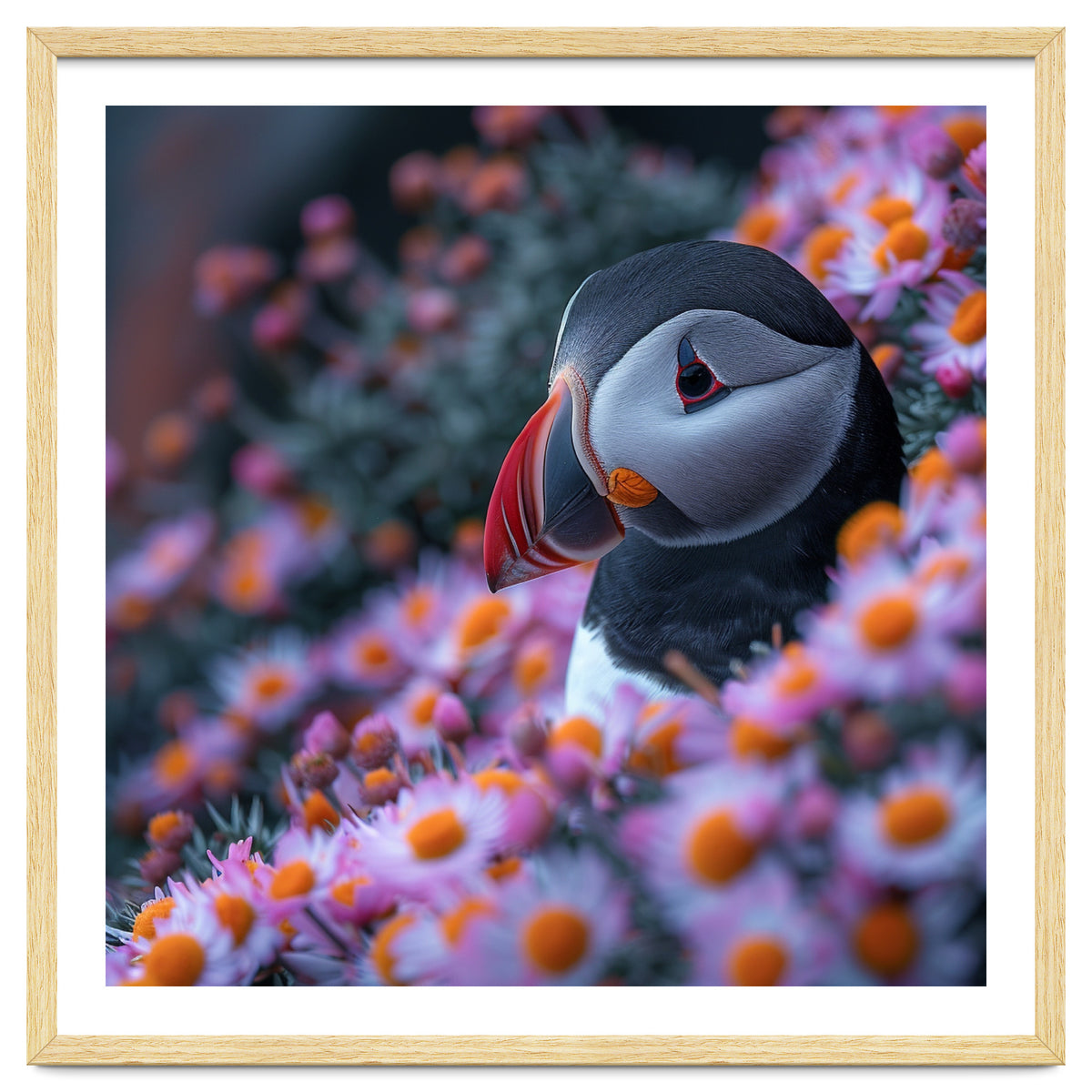 Puffin Bird Among Pink Flowers