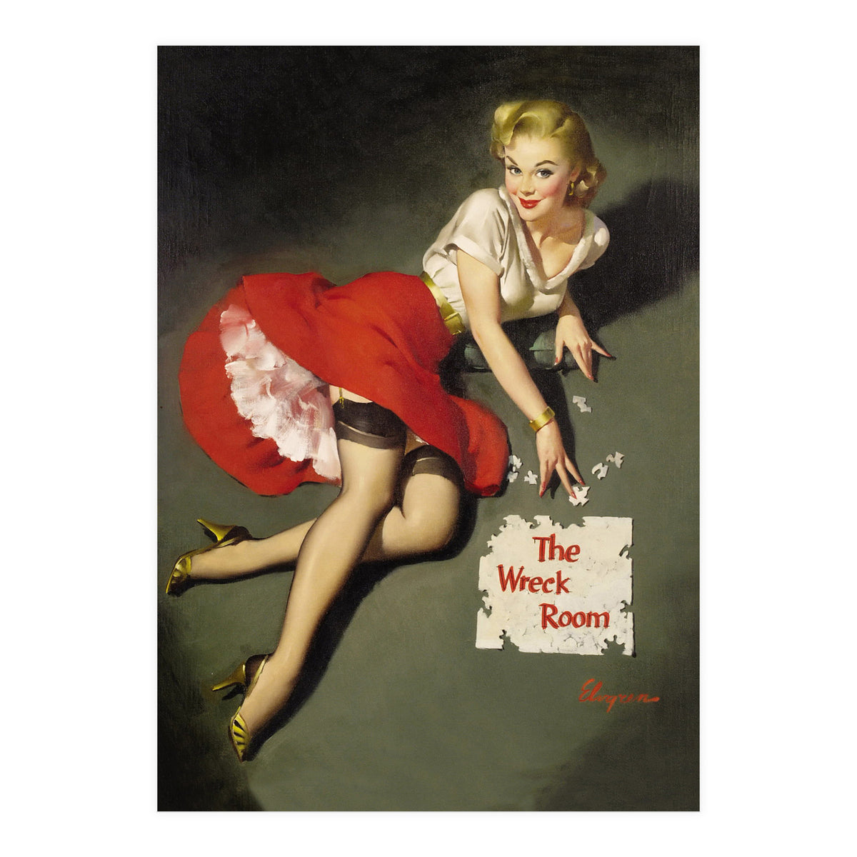 Pinup Sexy Girl Posing In Red Dress (Print Only)