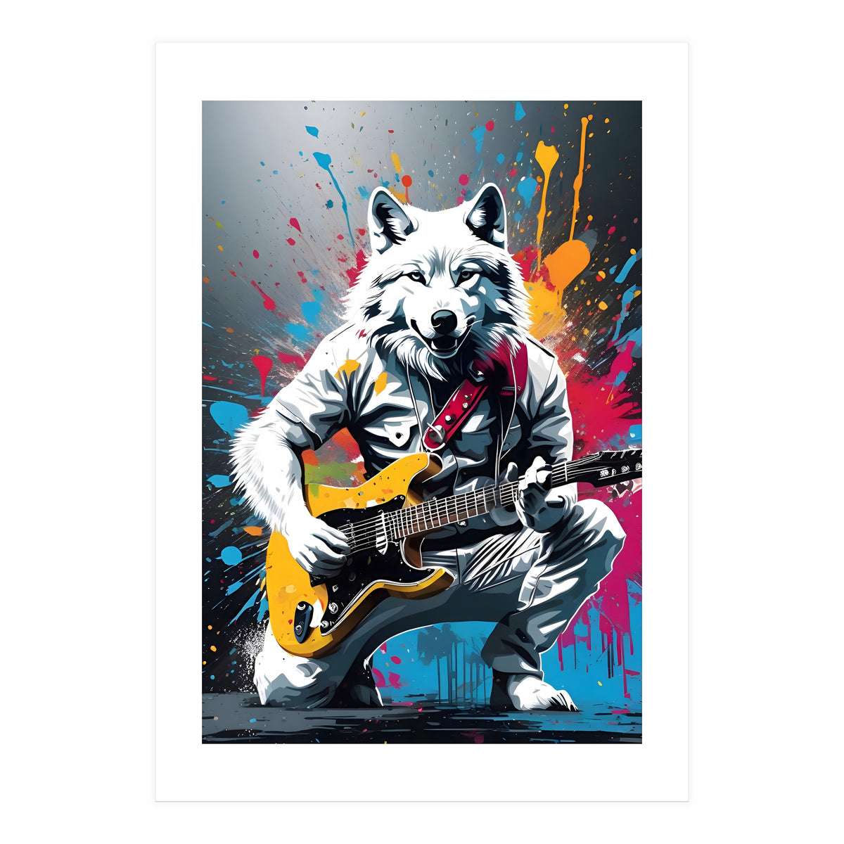 Wolf playing guitar, graffiti (Print Only)