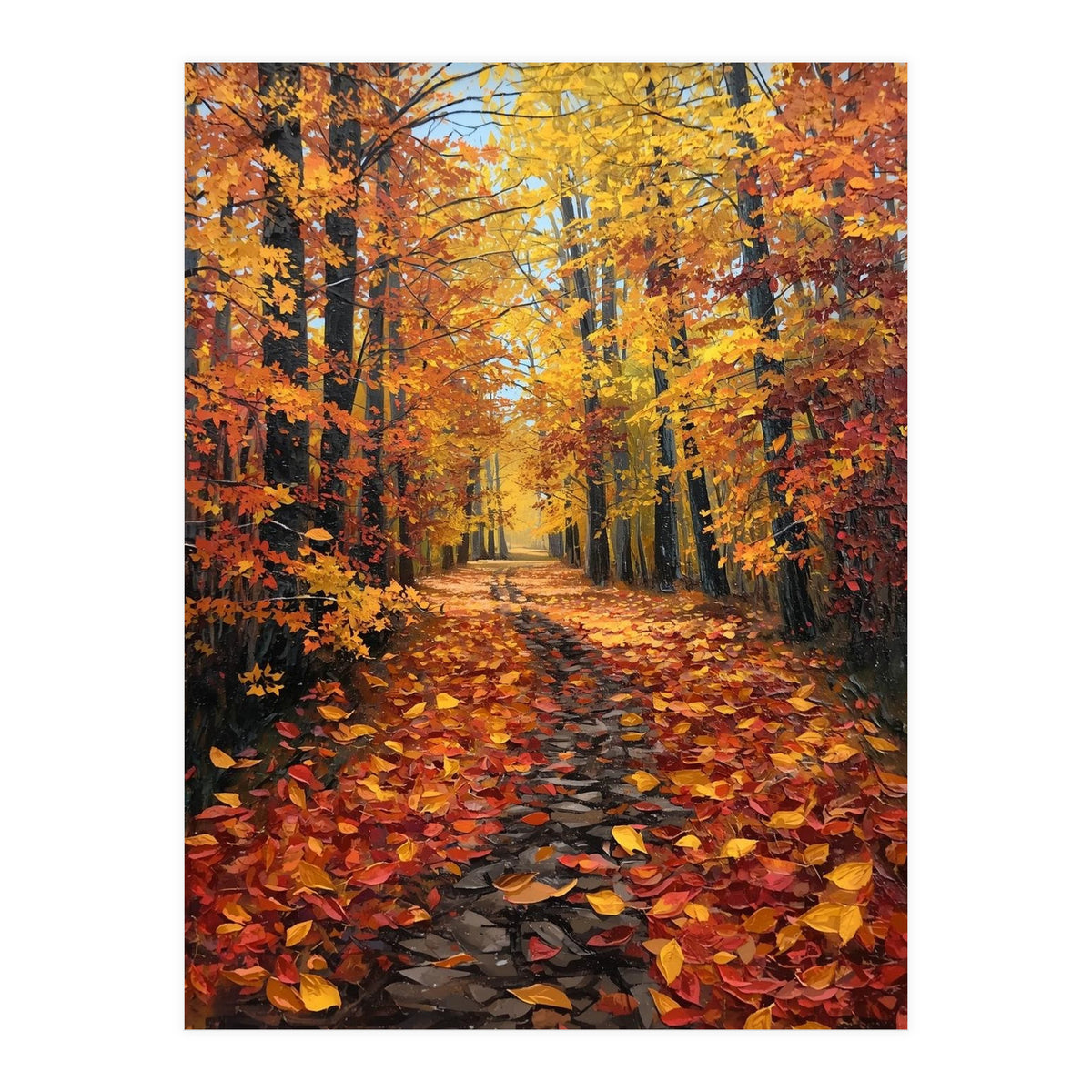 Sun-Drenched Golden Forest Path with Vibrant Autumn Foliage (Print Only)
