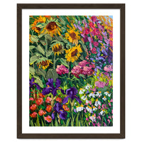 Vibrant Summer Sunflower and Iris Meadow Oil Painting