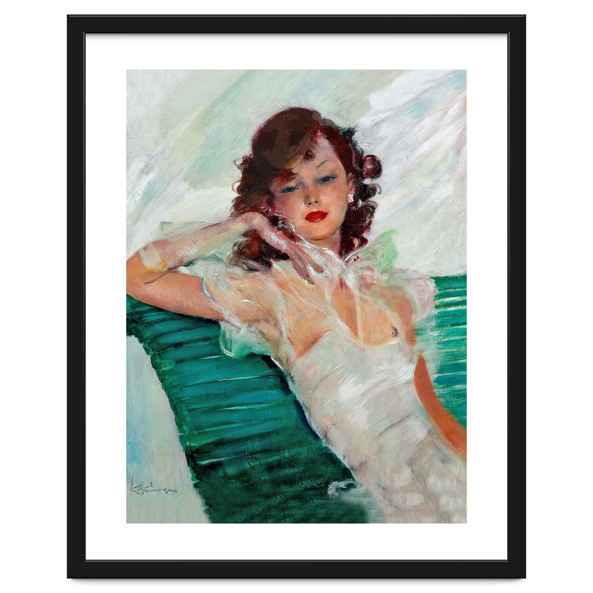 Girl Is Resting On A Green Bench, Watercolor Painting