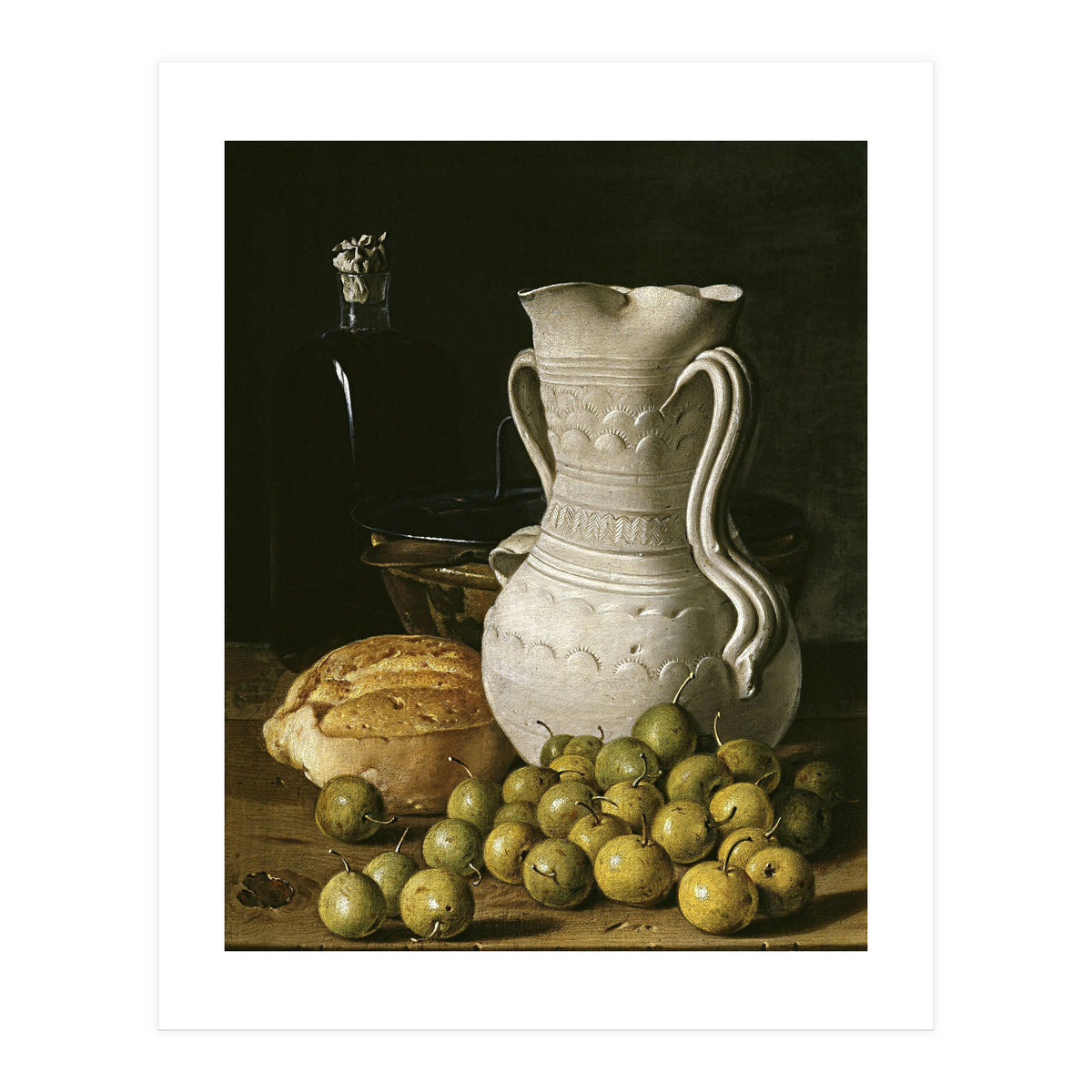 Luis Egidio Meléndez: 'Still Life with Small Pears, Bread, White Pitcher, Glass Bottle, and.., 1760. (Print Only)