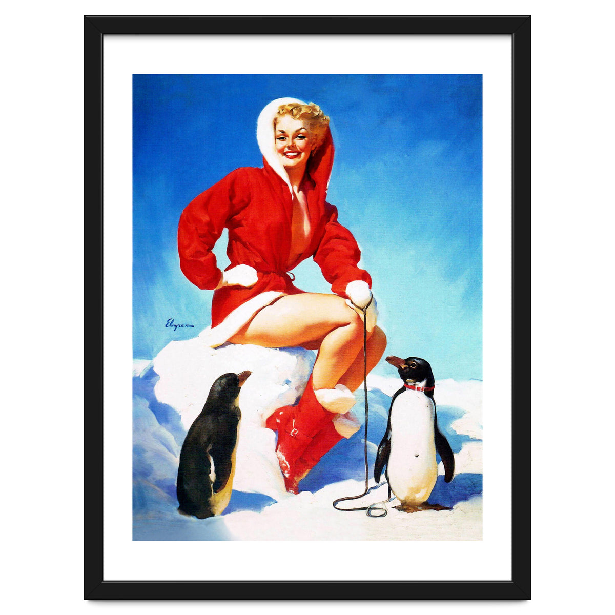 Pinup Sexy Woman Posing With Two Penguins