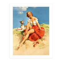 Sexy Pinup Girl On The Beach With Her Dog (Print Only)