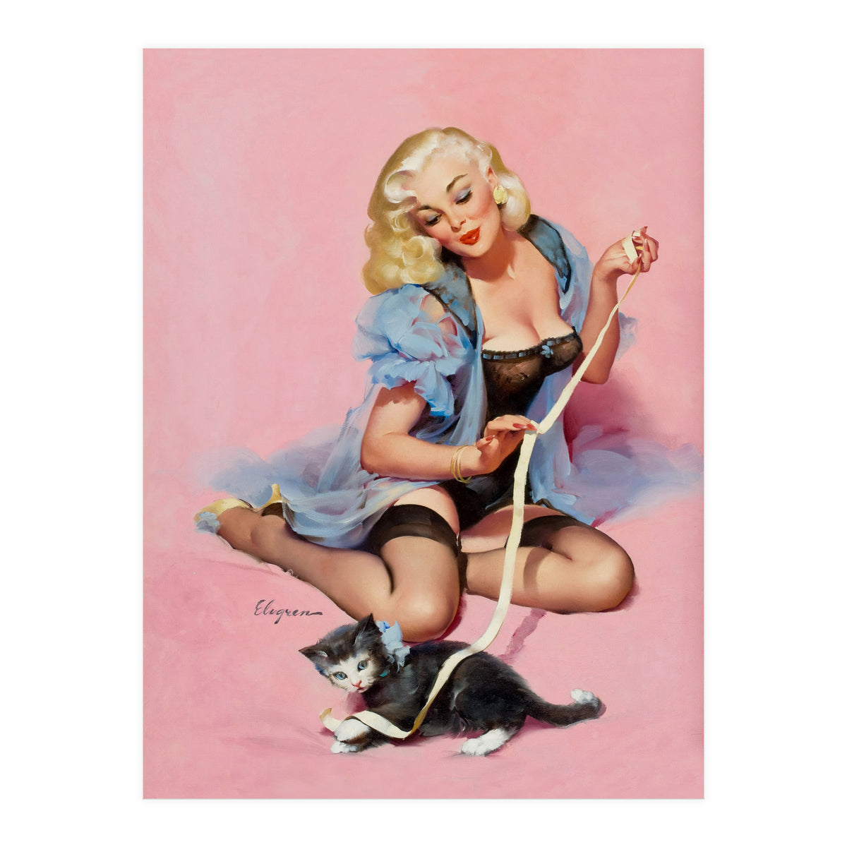 Sexy Pinup Girl Playing With Her Cat (Print Only)