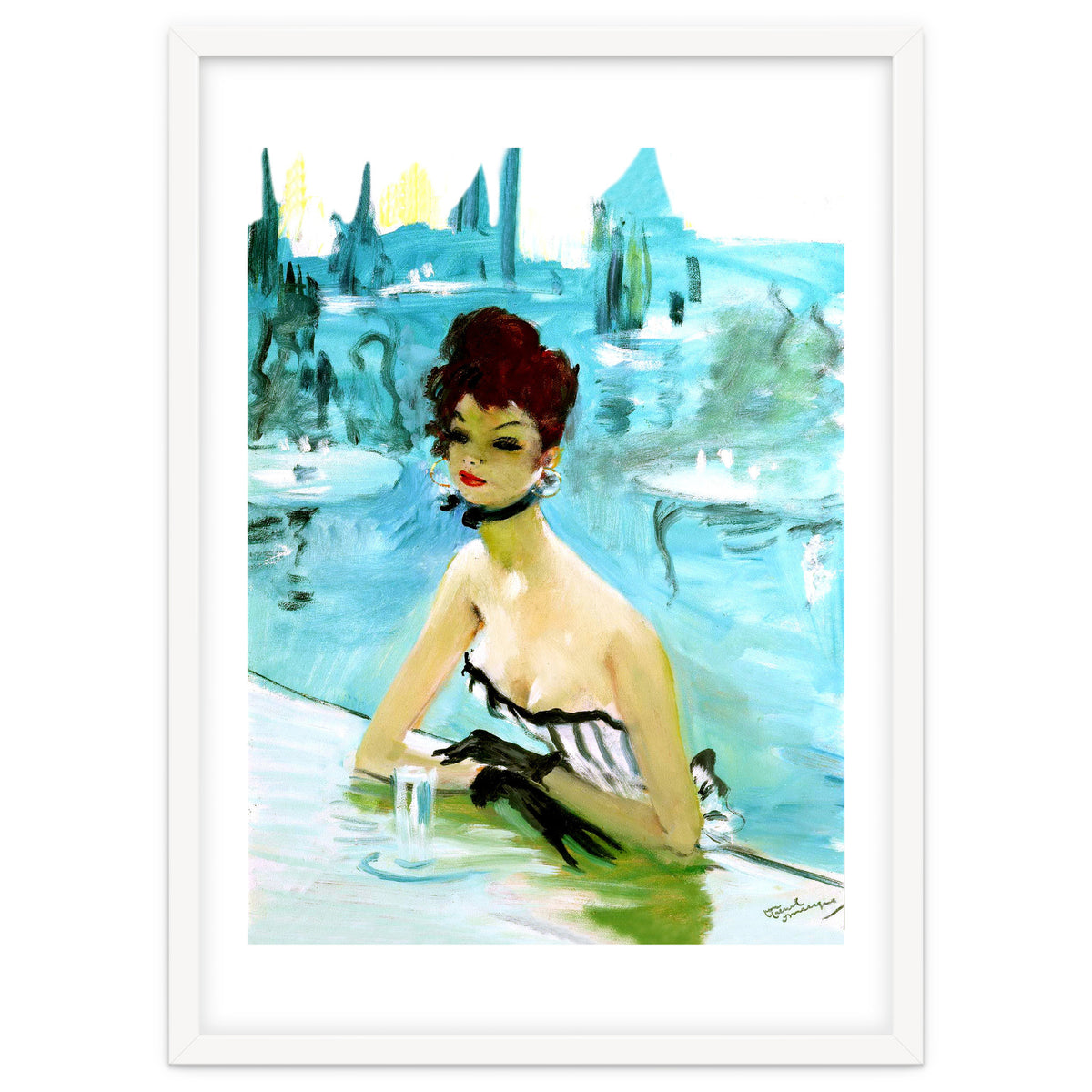 Pinup Girl In Cafe, Watercolor Painting