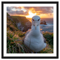 Albatross Bird On Grassy Cliff At Sunset
