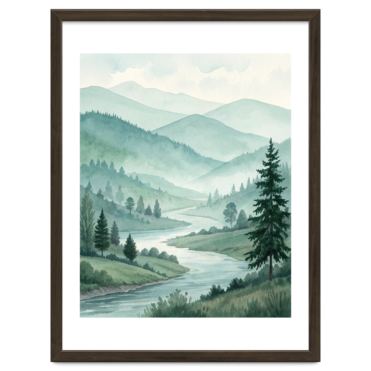 Serene Misty Mountain Valley Watercolor Painting