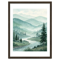 Serene Misty Mountain Valley Watercolor Painting