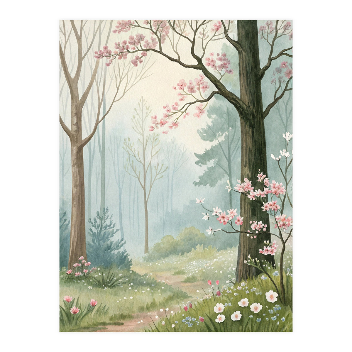 Enchanted Spring Woodland Path with Blooming Cherry Blossoms and Misty Pastel Forest Atmosphere (Print Only)
