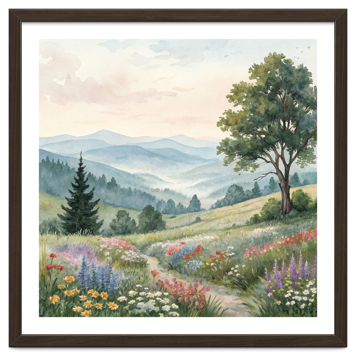 Serene Mountain Meadow Watercolor Landscape