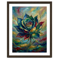 Enchanted Teal and Gold Rose Impasto Oil Painting