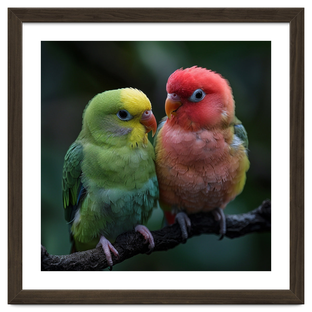 Two Lovebirds Sitting Together On A Branch