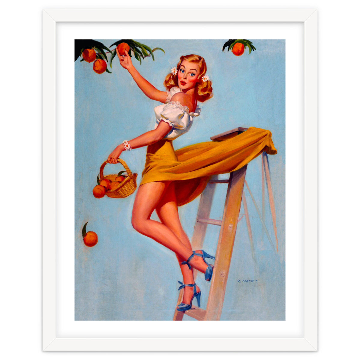 Pinup Sexy Woman Picking Oranges On A Tree Branch