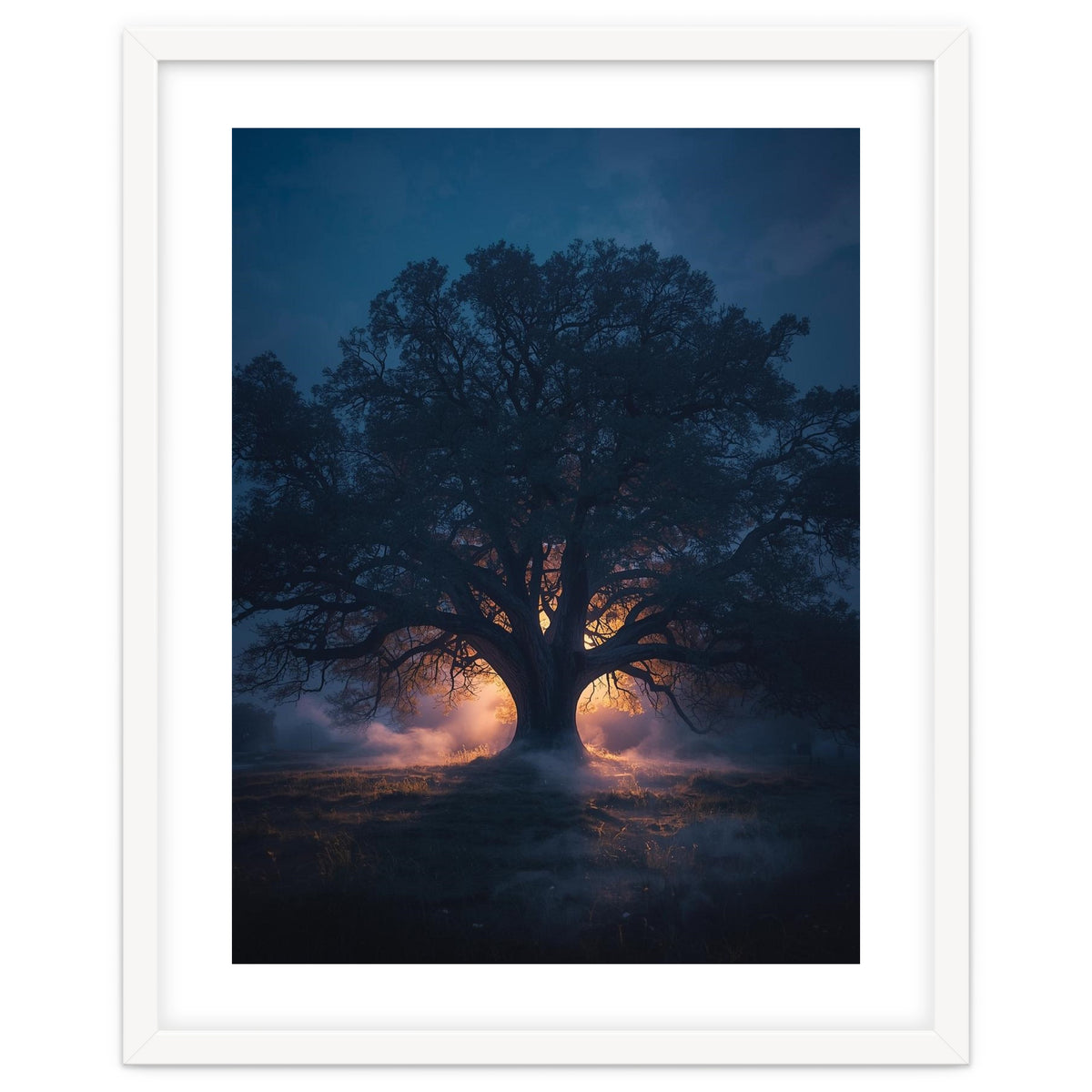 Ancient Mystical Oak Silhouette at Twilight with Ethereal Wisps