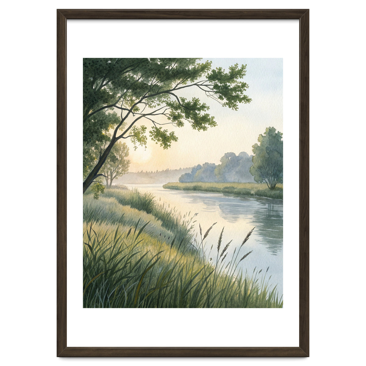 Serene River Sunrise Watercolor Painting with Meadow Grasses and Warm Golden Atmosphere Landscape