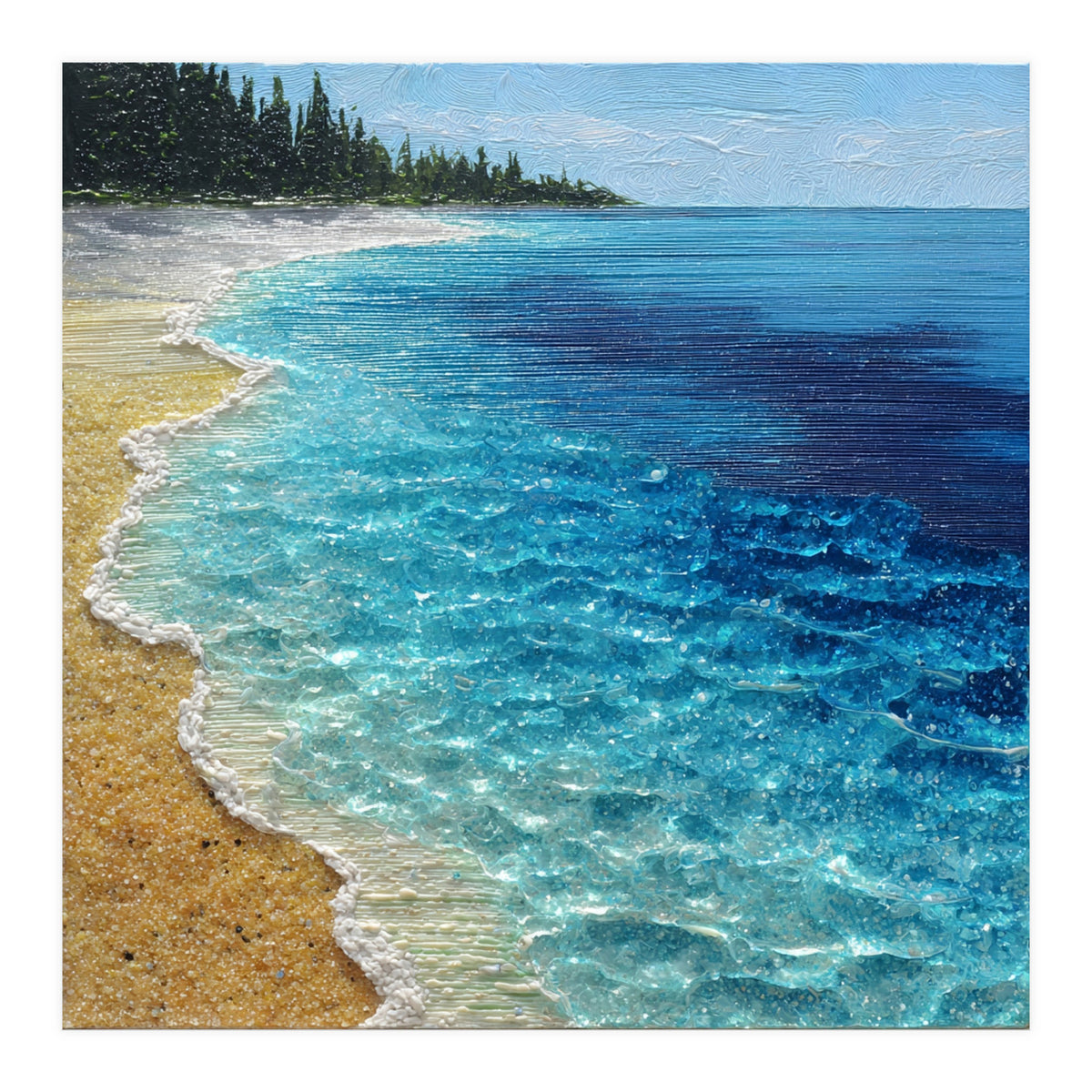 Sun-Drenched Coastal Shoreline with Textured Impasto Waves (Print Only)