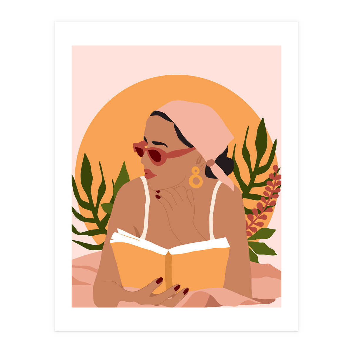 Bohemian Summer, Modern Boho Girl Reader, Books Read Self Care Self Love, Travel Hippie Nomad Black Woman (Print Only)