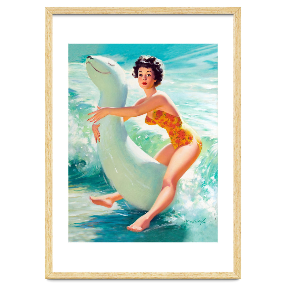 Happy Pinup Girl On The Beach Hugging Her Rubber Toy