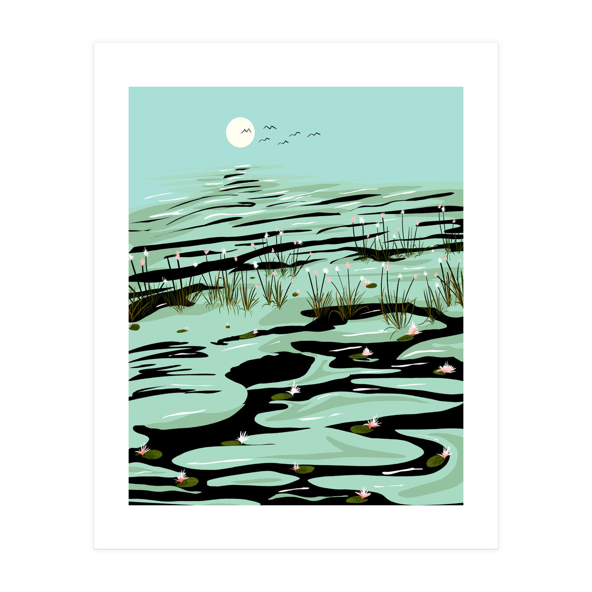 Dreamy Lake, Pastel Nature Botanical Jungle Landscape, Travel Pond Forest Plants Bohemian, Eclectic Scenic (Print Only)