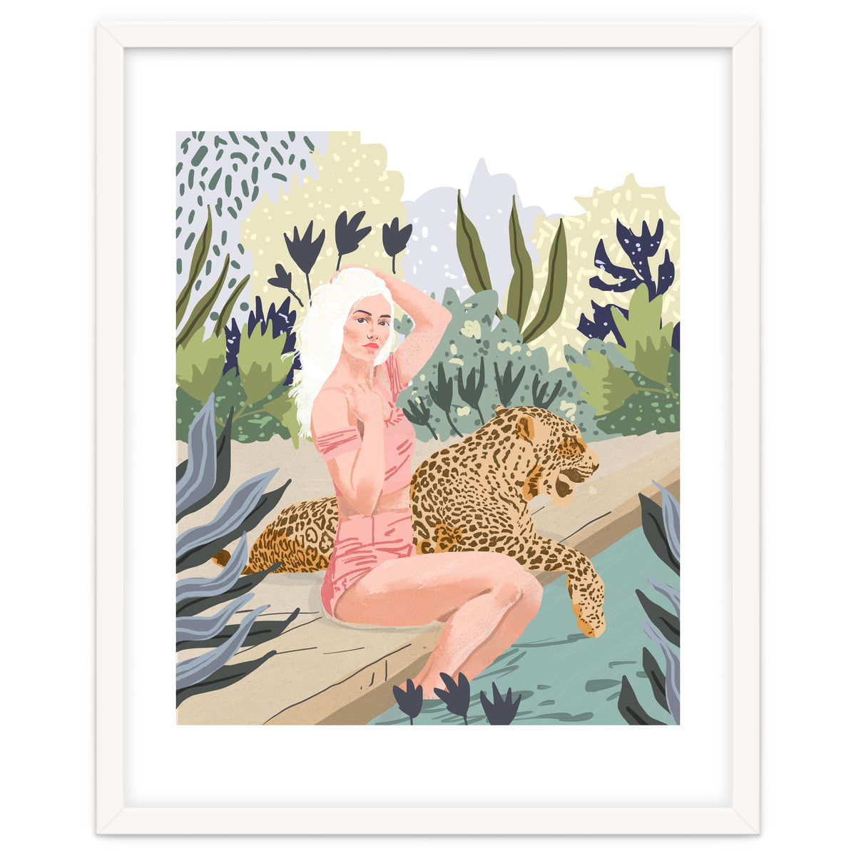 How to Train Your Leopard, Wild Cat Bohemian Woman Painting, Swimming Pool Bikini Summer Swim Animal