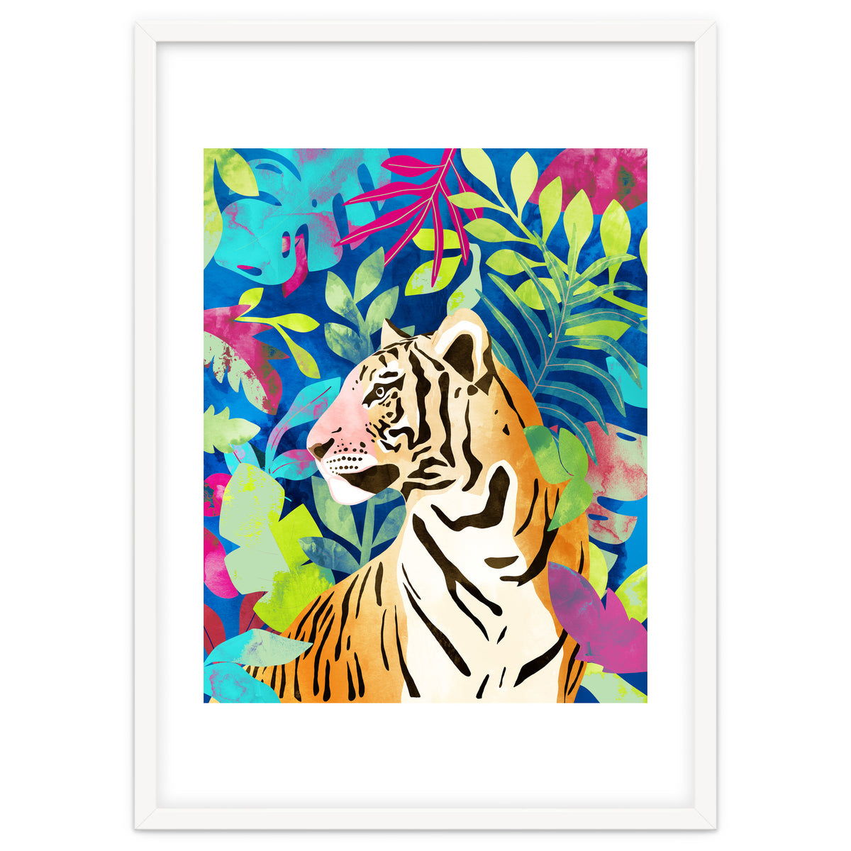 Tropical Tiger, Animal Jungle Watercolor Painting, Nature Travel Wild Botanical